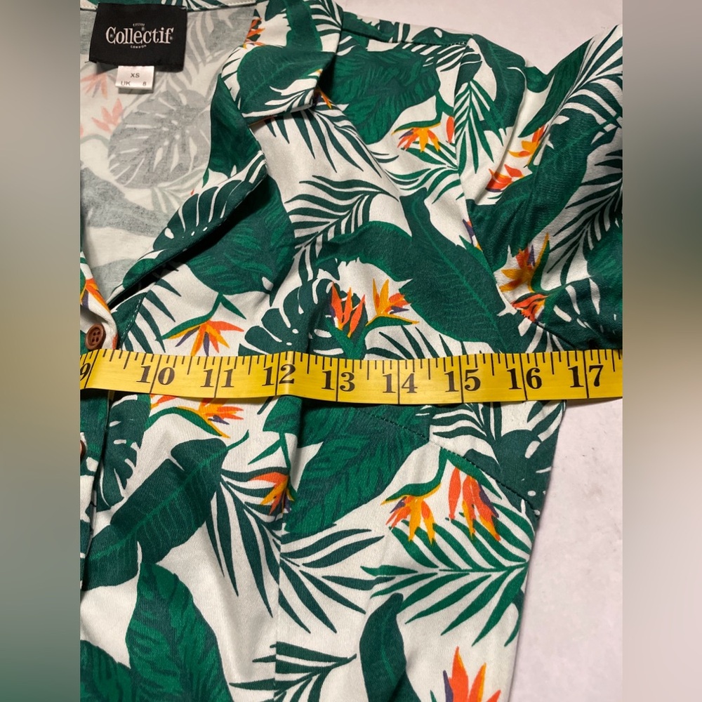 Collectif Swing Dress w/ Collar 1950s White w/ Green & Orange Leaf Pattern XS - Picture 11 of 14